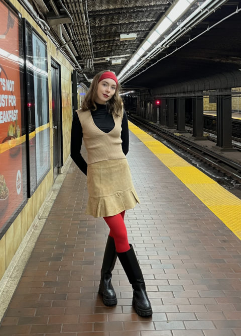 red tights outfit beige skirt