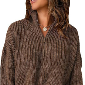 oversized sweater, Waffle Knit Quarter Zip Oversized Turtleneck 