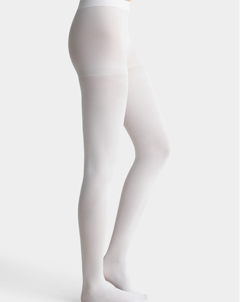 Product shot of a pair of opaque white tights on a woman's lower body
