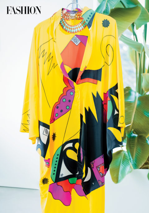 Yellow kimono with colourful graphics